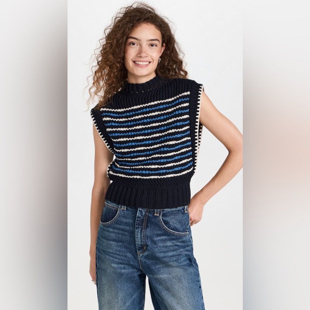 Veronica Beard Tarina Stripe Mock-Neck Sweater Vest Navy Multi Size XL
